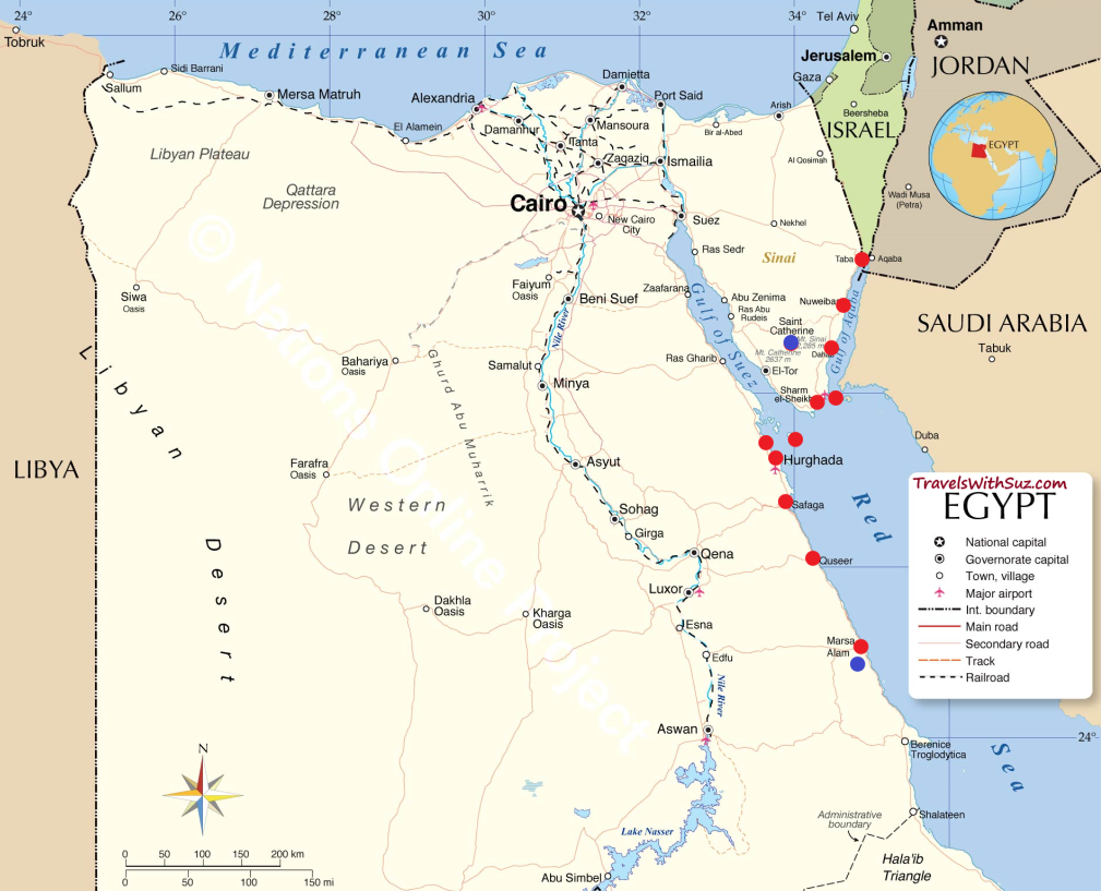 Map of Egypt, showing Libya, the Mediterranean and Red Seas, the Sinai Peninsula, Gulf of Aqaba, Israel, Jordan, Saudi Arabia, and the Nile.