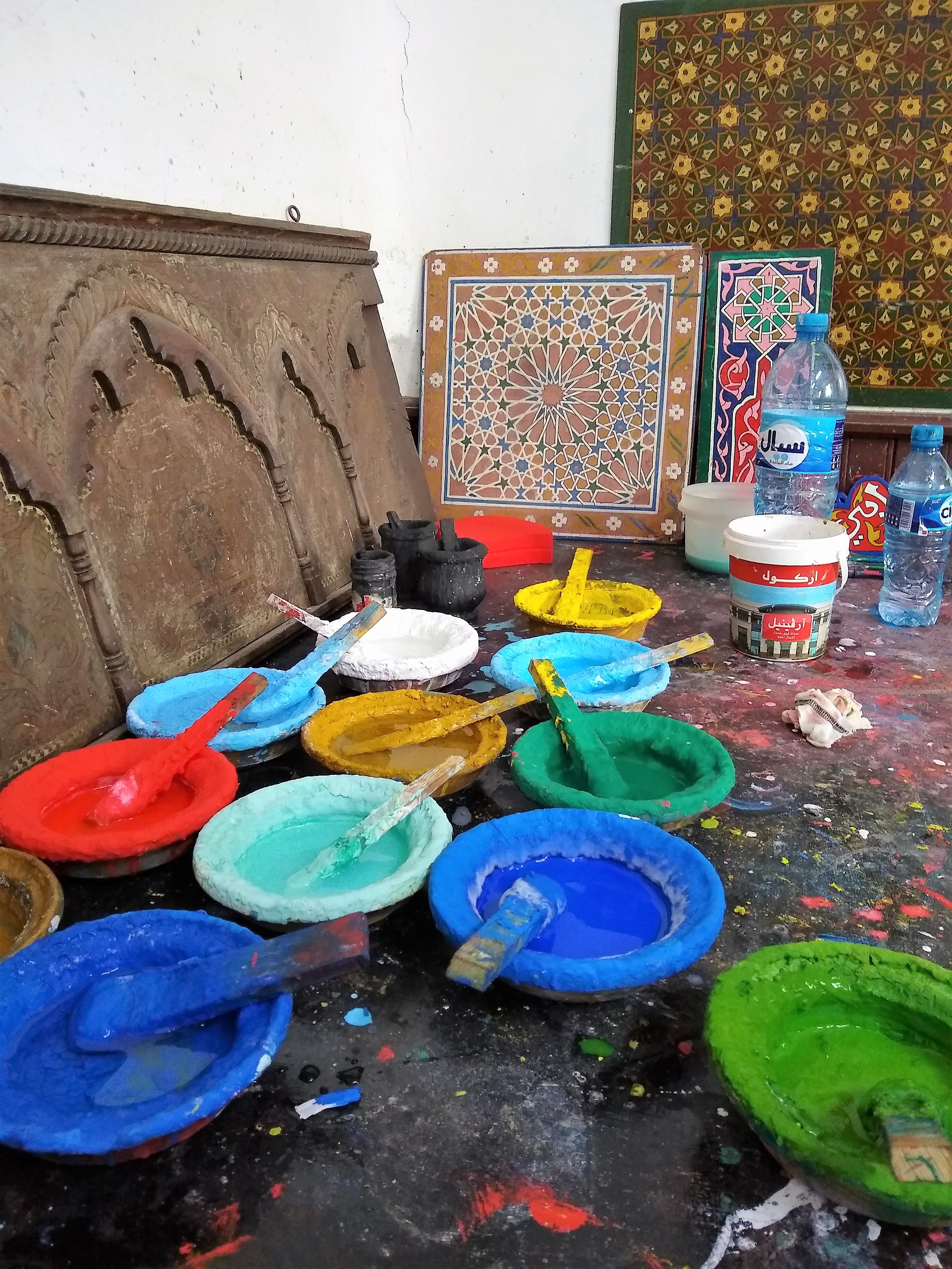 Colorful Paints at Dar Sanaa Traditional Arts School in Tetouan, Morocco