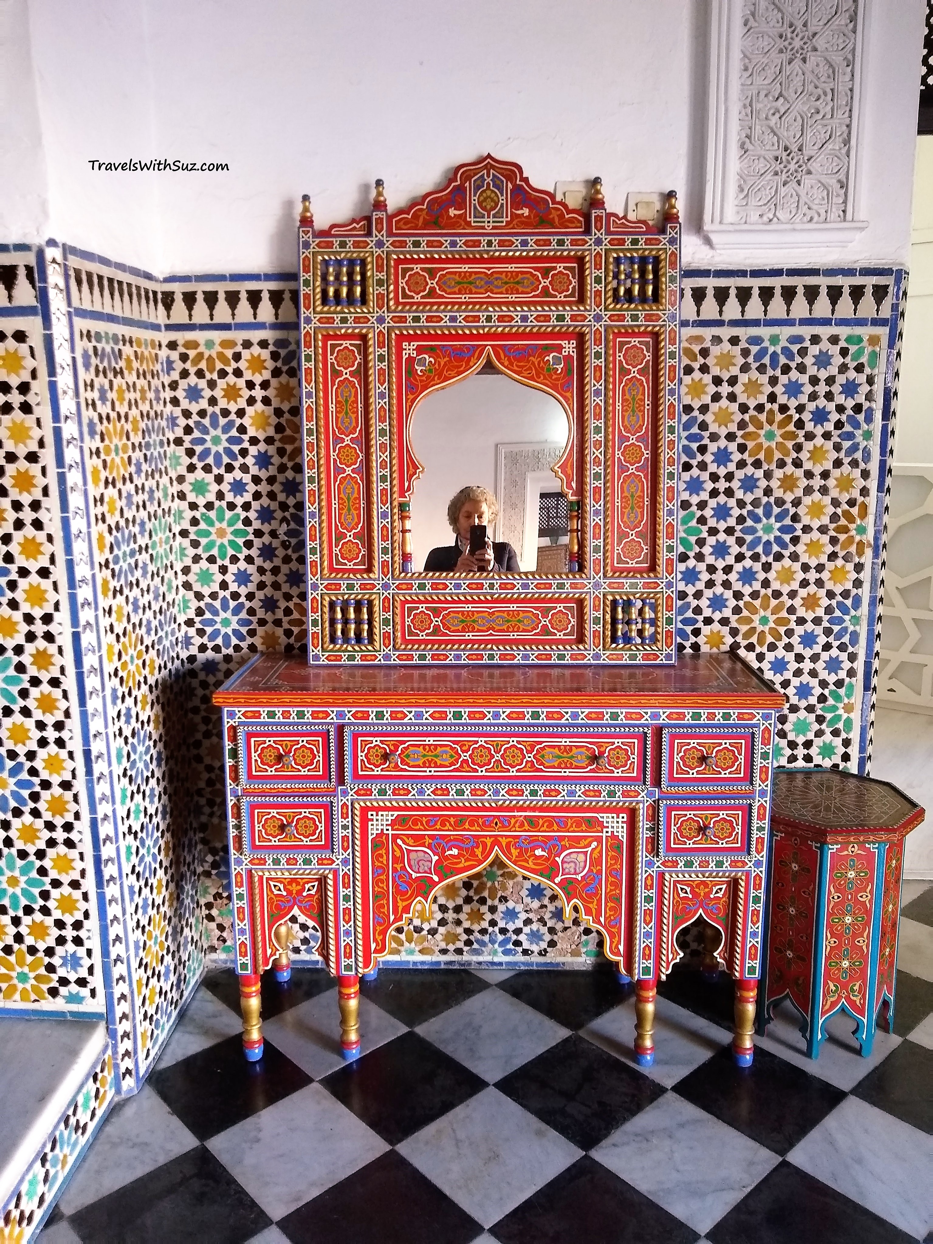 Beautiful inlaid wooden dresser with mirror, made at a trade school for traditional arts in Tetouan, Morocco