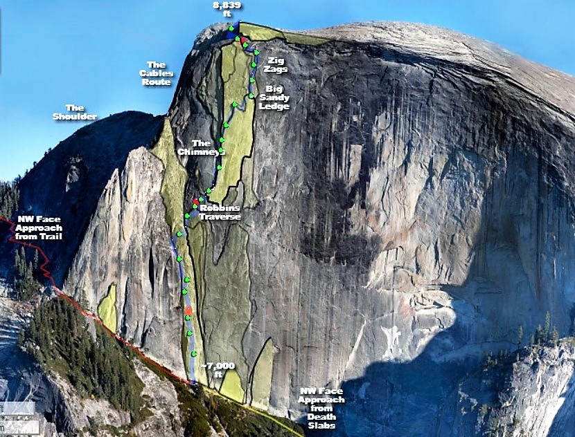 Climbing Route up the NW face of Half Dome