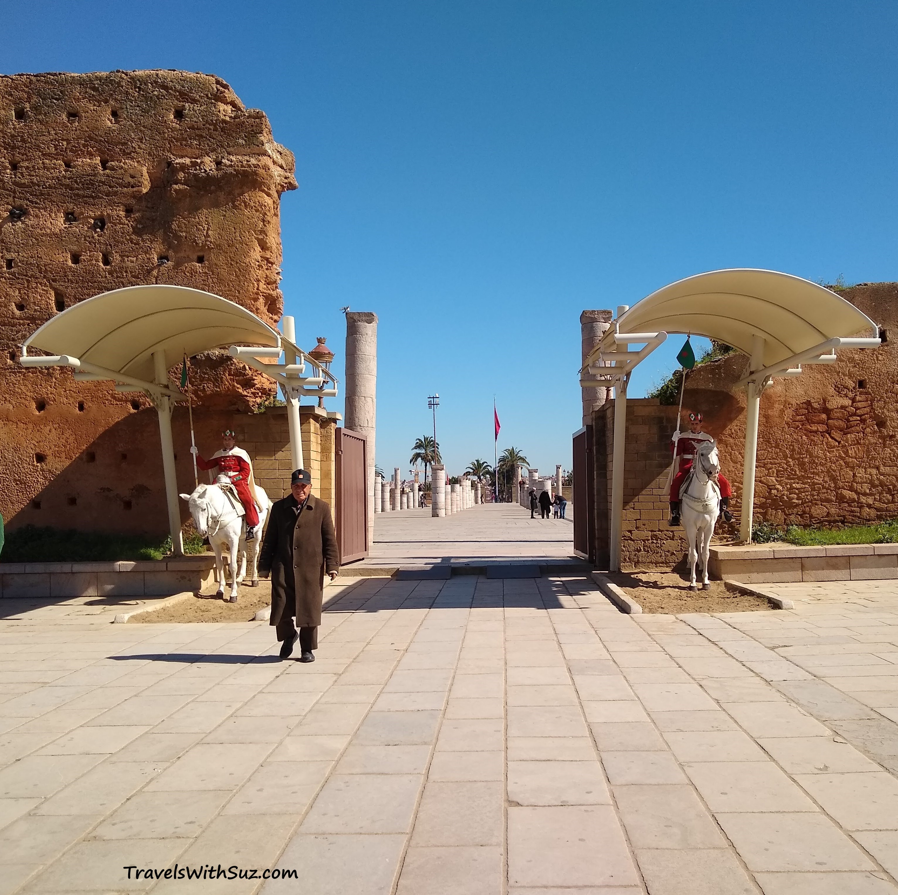 entry to the Hassan Tower complex, with guards on horseback
