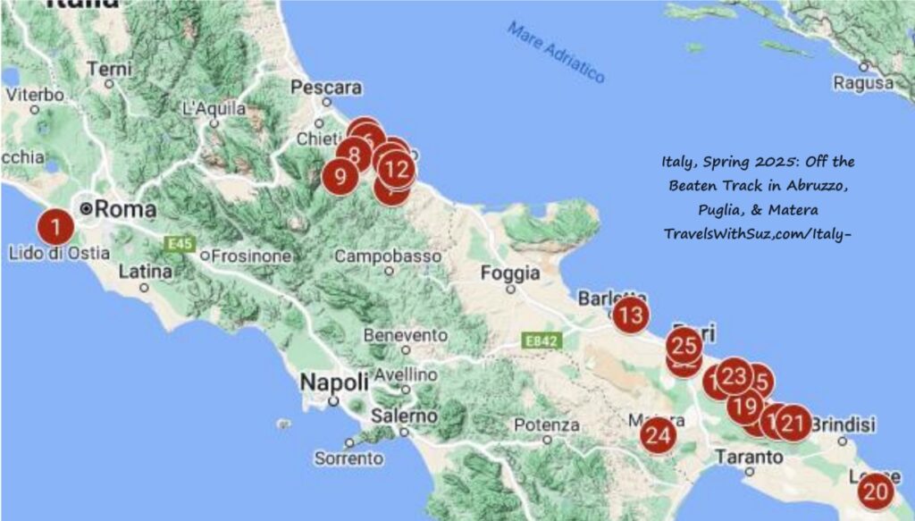 A map of excursion locations Off the Beaten Path in Abruzzo + Puglia, and Matera