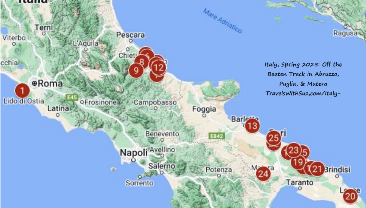 A map of excursion locations Off the Beaten Path in Abruzzo + Puglia, and Matera